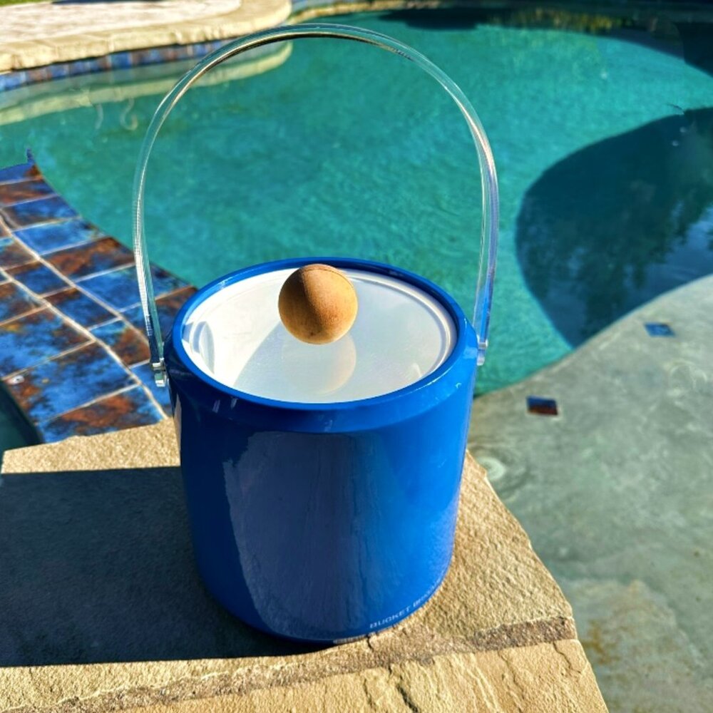 Vintage MCM Morgan Bucket Brigade Ice Bucket Royal Blue Wooden Knob Man Cave Bar